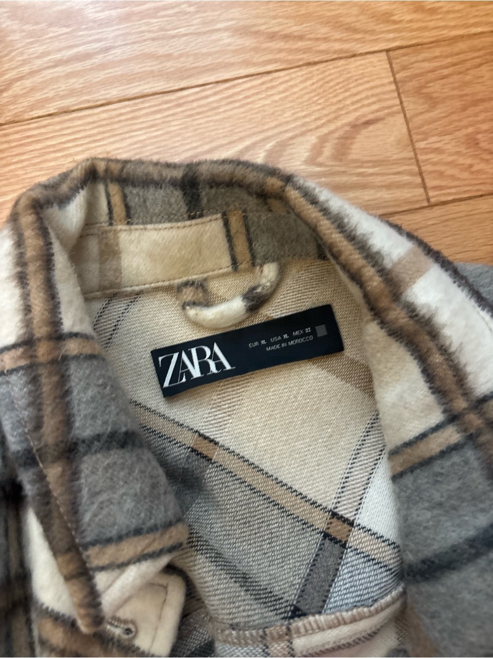 Zara Plaid Button-Front Shacket in Cream, Tan & Gray - Picture 3 of 5